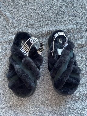 UGG Black Shearling Lined Slide with Branded Heel Strap